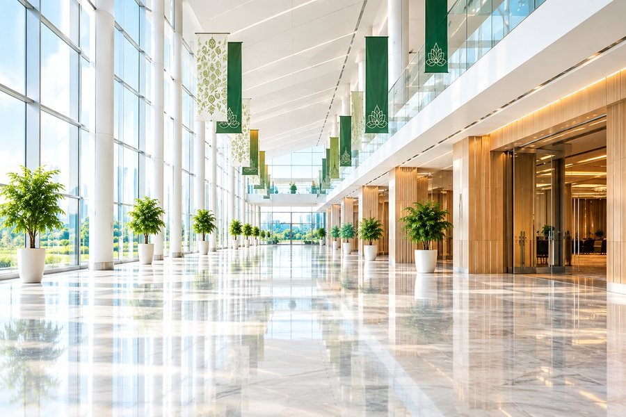 Bright glass atrium of a modern convention centre used for MICE events by Stay N Meet