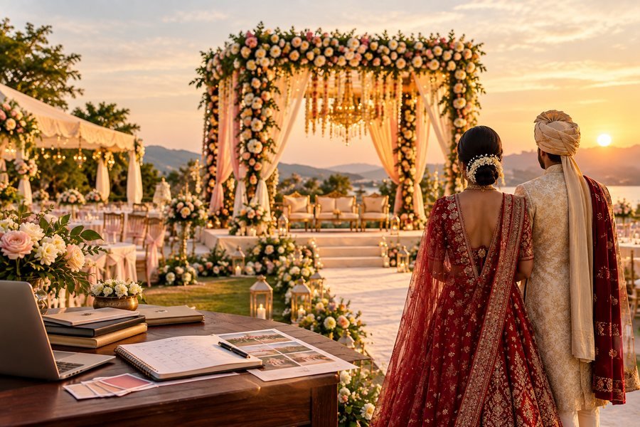 Floral mandap set up on a marble courtyard at a palace venue, planned by Stay N Meet